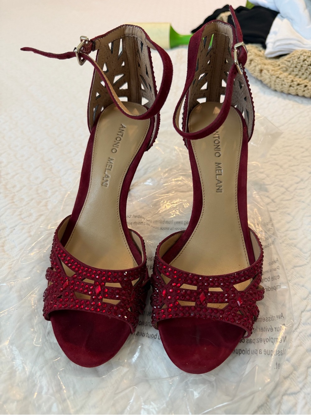 ANTONIO MELANI Burgundy Suede Crystal Open-Toe Ankle-Strap Heels
